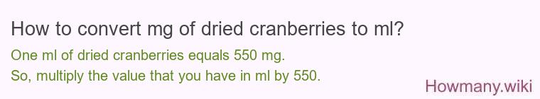 How to convert mg of dried cranberries to ml? How to convert mg of dried cranberries to ml?