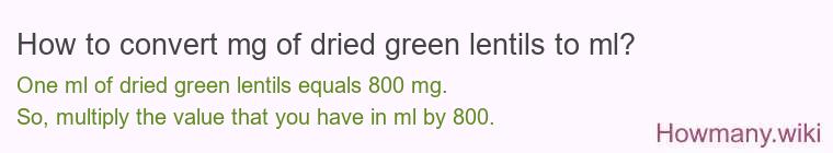 How to convert mg of dried green lentils to ml?