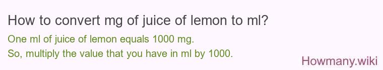 How to convert mg of juice of lemon to ml? How to convert mg of juice of lemon to ml?