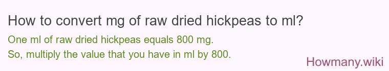 How to convert mg of raw dried hickpeas to ml? How to convert mg of raw dried hickpeas to ml?