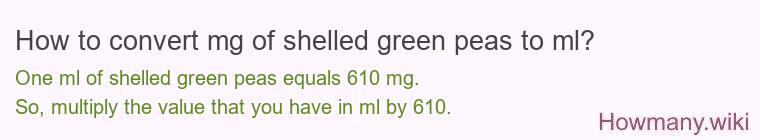 How to convert mg of shelled green peas to ml?