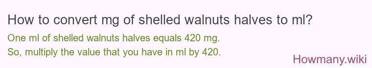 How to convert mg of shelled walnuts halves to ml? How to convert mg of shelled walnuts halves to ml?
