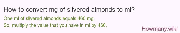How to convert mg of slivered almonds to ml? How to convert mg of slivered almonds to ml?