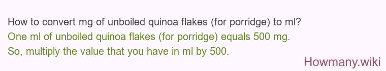 How to convert mg of unboiled quinoa flakes (for porridge) to ml? How to convert mg of unboiled quinoa flakes (for porridge) to ml?