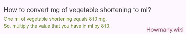 How to convert mg of vegetable shortening to ml? How to convert mg of vegetable shortening to ml?