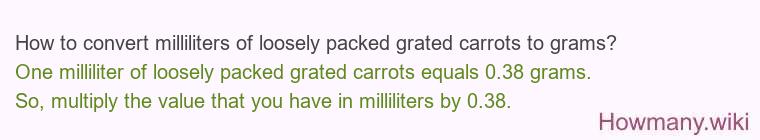 How to convert milliliters of loosely packed grated carrots to grams? How to convert milliliters of loosely packed grated carrots to grams?