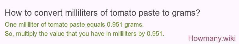 How to convert milliliters of tomato paste to grams? How to convert milliliters of tomato paste to grams?