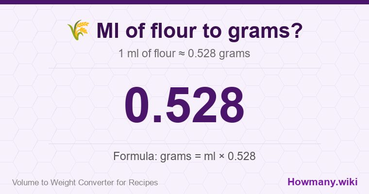 How to convert ml of flour to grams? 1 ml of flour ≈ 0.528 grams.