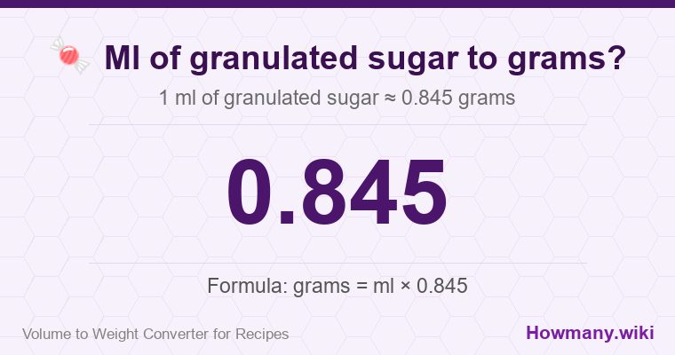 How to convert ml of granulated sugar to grams? 1 ml of granulated sugar ≈ 0.845 grams.
