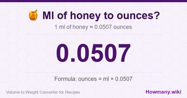 How to convert ml of honey to ounces? How to convert ml of honey to ounces? 1 ml of honey ≈ 0.0507 ounces.