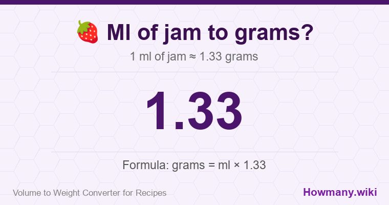 How to convert ml of jam to grams? 1 ml of jam ≈ 1.33 grams.