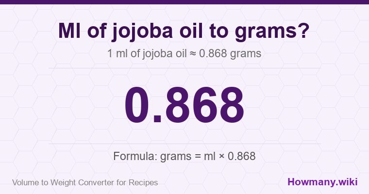 How to convert ml of jojoba oil to grams? 1 ml of jojoba oil ≈ 0.868 grams.