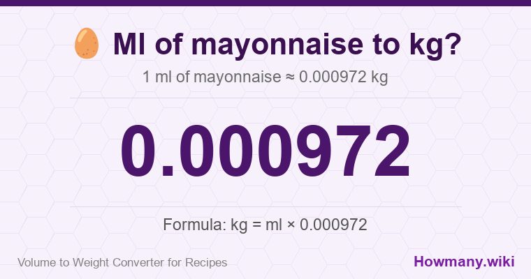 How to convert ml of mayonnaise to kg? 1 ml of mayonnaise ≈ 0.000972 kg.