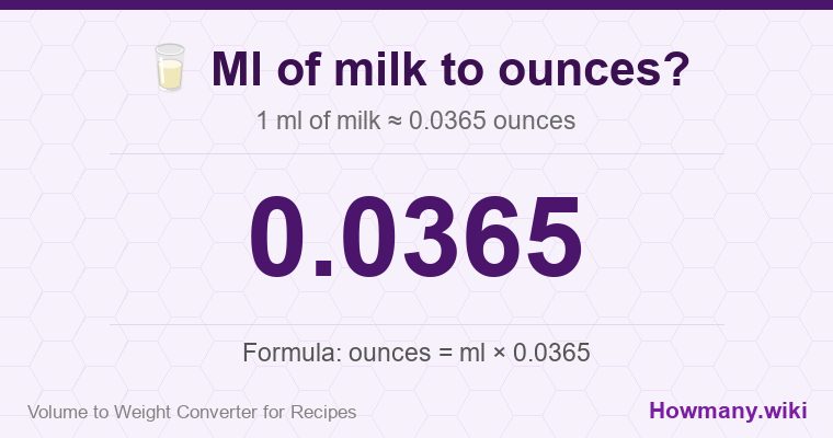 How to convert ml of milk to ounces? 1 ml of milk ≈ 0.0365 ounces.