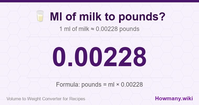 How to convert ml of milk to pounds? How to convert ml of milk to pounds? 1 ml of milk ≈ 0.00228 pounds.