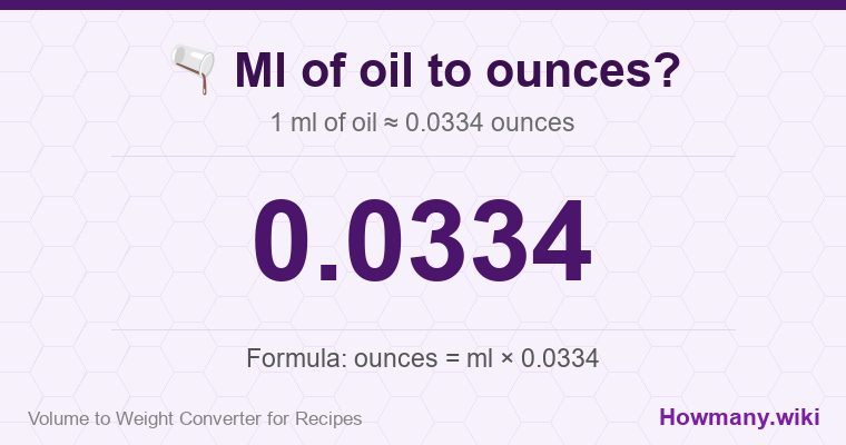 How to convert ml of oil to ounces? 1 ml of oil ≈ 0.0334 ounces.