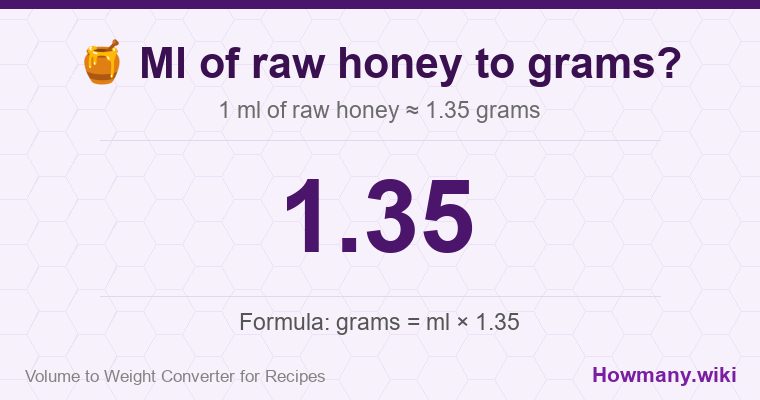 How to convert ml of raw honey to grams? How to convert ml of raw honey to grams? 1 ml of raw honey ≈ 1.42 grams.