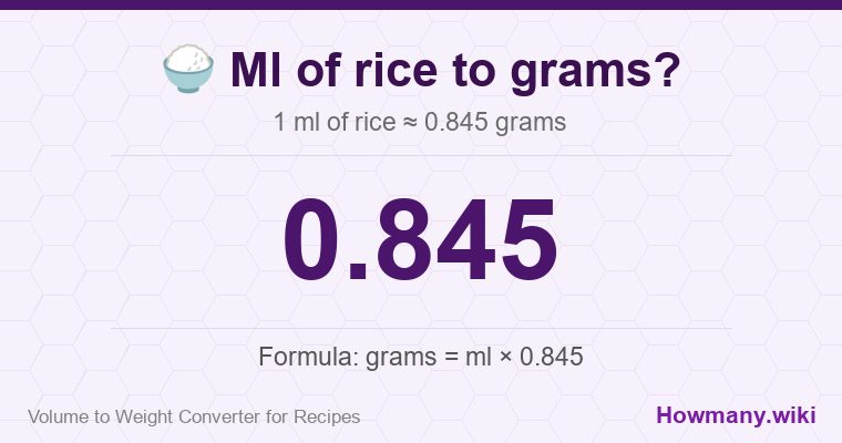 How to convert ml of rice to grams? 1 ml of rice ≈ 0.845 grams.