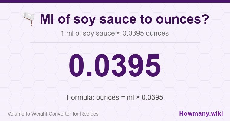 How to convert ml of soy sauce to ounces? How to convert ml of soy sauce to ounces? 1 ml of soy sauce ≈ 0.0395 ounces.