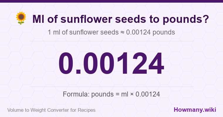 How to convert ml of sunflower seeds to pounds? 1 ml of sunflower seeds ≈ 0.00124 pounds.
