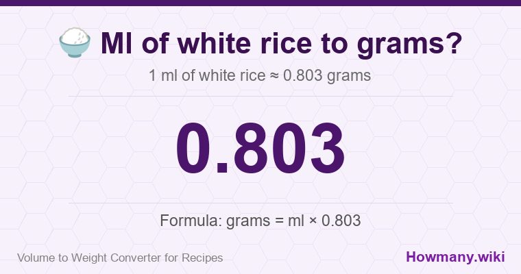 How to convert ml of white rice to grams? 1 ml of white rice ≈ 0.803 grams.