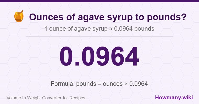 How to convert ounces of agave syrup to pounds? How to convert ounces of agave syrup to pounds? 1 ounce of agave syrup ≈ 0.0606 pounds.