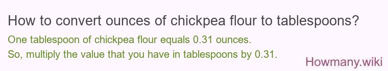 How to convert ounces of chickpea flour to tablespoons? How to convert ounces of chickpea flour to tablespoons?