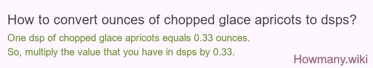 How to convert ounces of chopped glace apricots to dsps? How to convert ounces of chopped glace apricots to dsps?