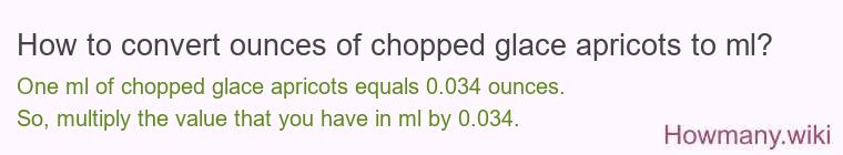 How to convert ounces of chopped glace apricots to ml? How to convert ounces of chopped glace apricots to ml?