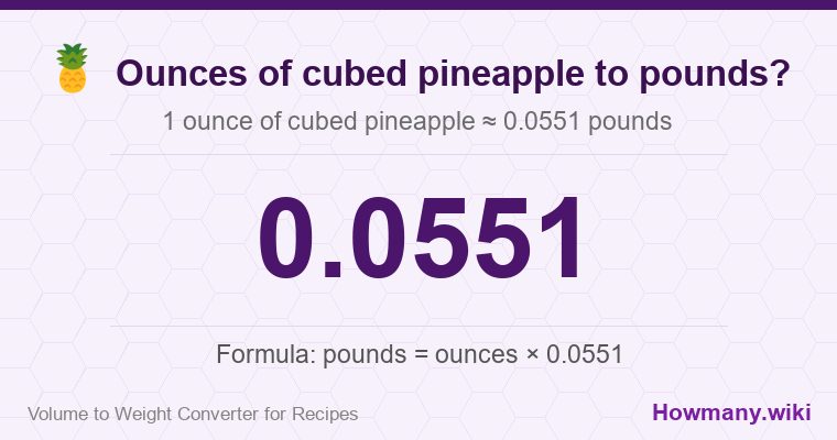 How to convert ounces of cubed pineapple to pounds? 1 ounce of cubed pineapple ≈ 0.0551 pounds.