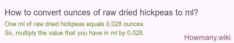 How to convert ounces of raw dried hickpeas to ml?