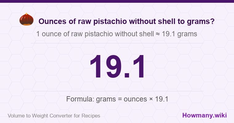 How to convert ounces of raw pistachio without shell to grams? 1 ounce of raw pistachio without shell ≈ 19.1 grams.