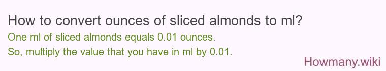 How to convert ounces of sliced almonds to ml? How to convert ounces of sliced almonds to ml?