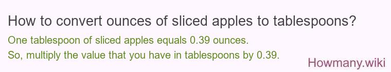 How to convert ounces of sliced apples to tablespoons? How to convert ounces of sliced apples to tablespoons?