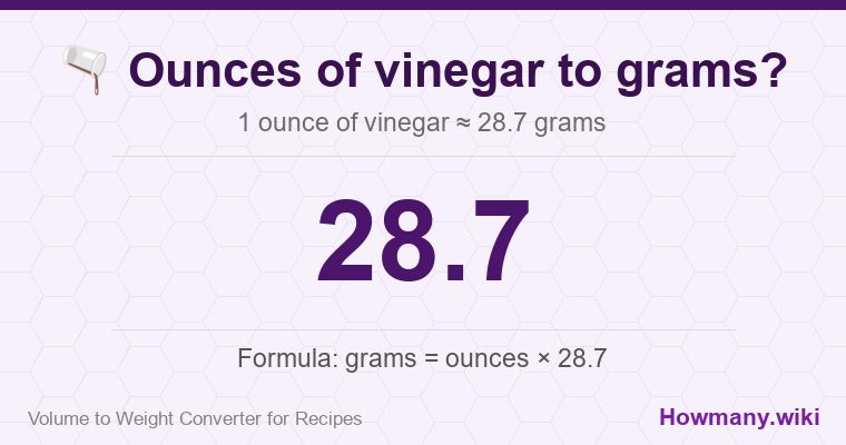 How to convert ounces of vinegar to grams? How to convert ounces of vinegar to grams? 1 ounce of vinegar ≈ 28.7 grams.