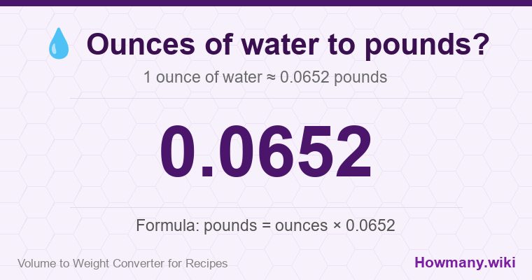 How to convert ounces of water to pounds? 1 ounce of water ≈ 0.0652 pounds.