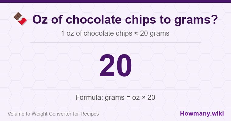 How to convert oz of chocolate chips to grams? 1 oz of chocolate chips ≈ 20 grams.