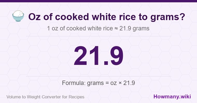 How to convert oz of cooked white rice to grams? 1 oz of cooked white rice ≈ 21.9 grams.