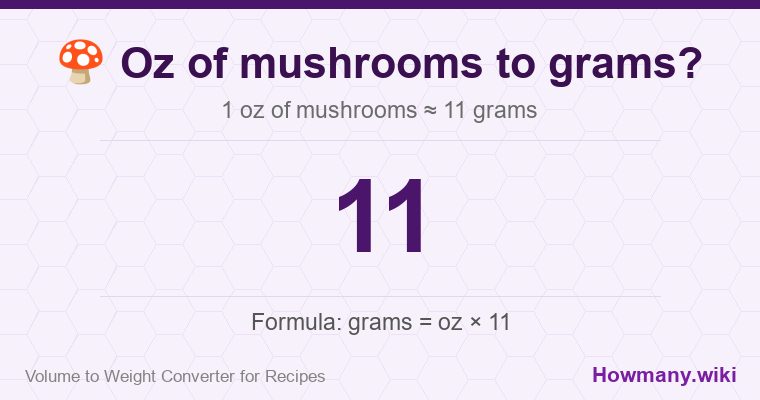How to convert oz of mushrooms to grams? 1 oz of mushrooms ≈ 11 grams.