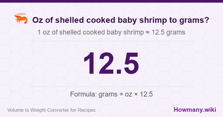How to convert oz of shelled cooked baby shrimp to grams? How to convert oz of shelled cooked baby shrimp to grams? 1 oz of shelled cooked baby shrimp ≈ 12.5 grams.
