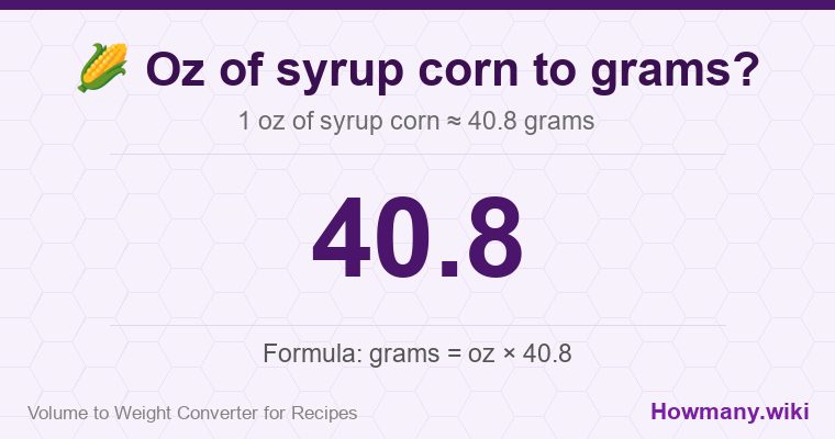How to convert oz of syrup corn to grams? How to convert oz of syrup corn to grams? 1 oz of syrup corn ≈ 40.8 grams.