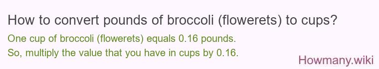 How to convert pounds of broccoli (flowerets) to cups? How to convert pounds of broccoli (flowerets) to cups?