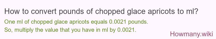 How to convert pounds of chopped glace apricots to ml? How to convert pounds of chopped glace apricots to ml?