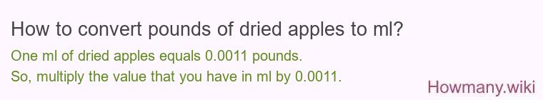 How to convert pounds of dried apples to ml? How to convert pounds of dried apples to ml?