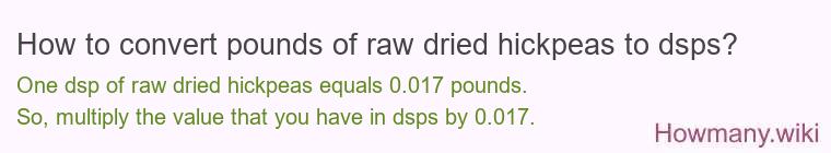 How to convert pounds of raw dried hickpeas to dsps? How to convert pounds of raw dried hickpeas to dsps?