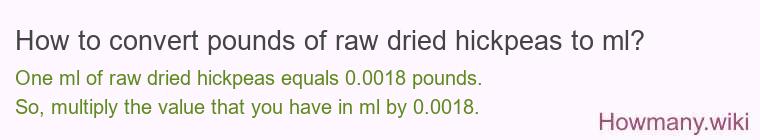 How to convert pounds of raw dried hickpeas to ml?