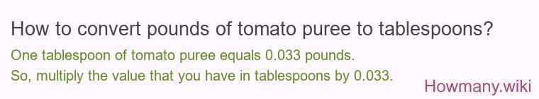 How to convert pounds of tomato puree to tablespoons? How to convert pounds of tomato puree to tablespoons?