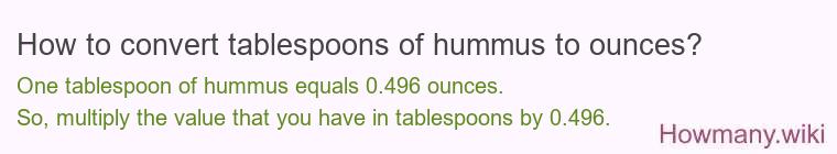 How to convert tablespoons of hummus to ounces? How to convert tablespoons of hummus to ounces?