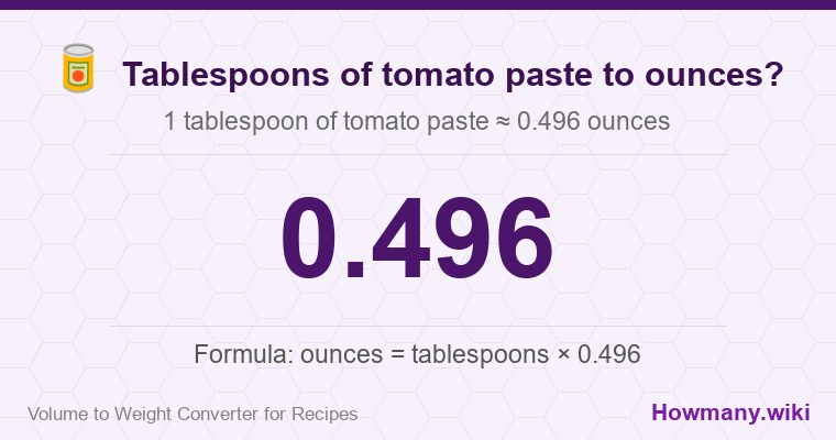 How to convert tablespoons of tomato paste to ounces? How to convert tablespoons of tomato paste to ounces? 1 tablespoon of tomato paste ≈ 0.496 ounces.