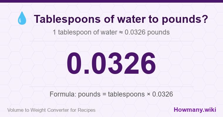 How to convert tablespoons of water to pounds? 1 tablespoon of water ≈ 0.0326 pounds.
